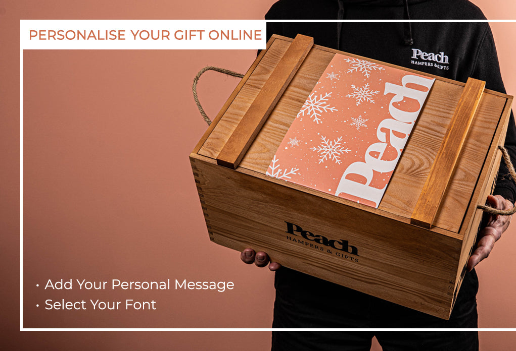 The Personalised Golden Crate Hamper with Wine Duo & Spiced Ginger Punch