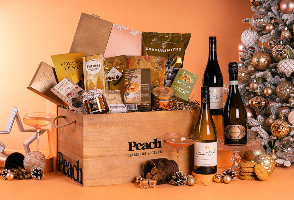 The Branded Golden Crate Christmas Hamper with Wine Duo & Peach Bellini