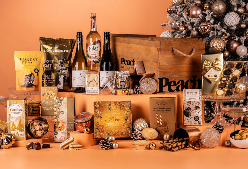 The Branded Golden Crate Christmas Hamper with Wine Duo & Peach Bellini