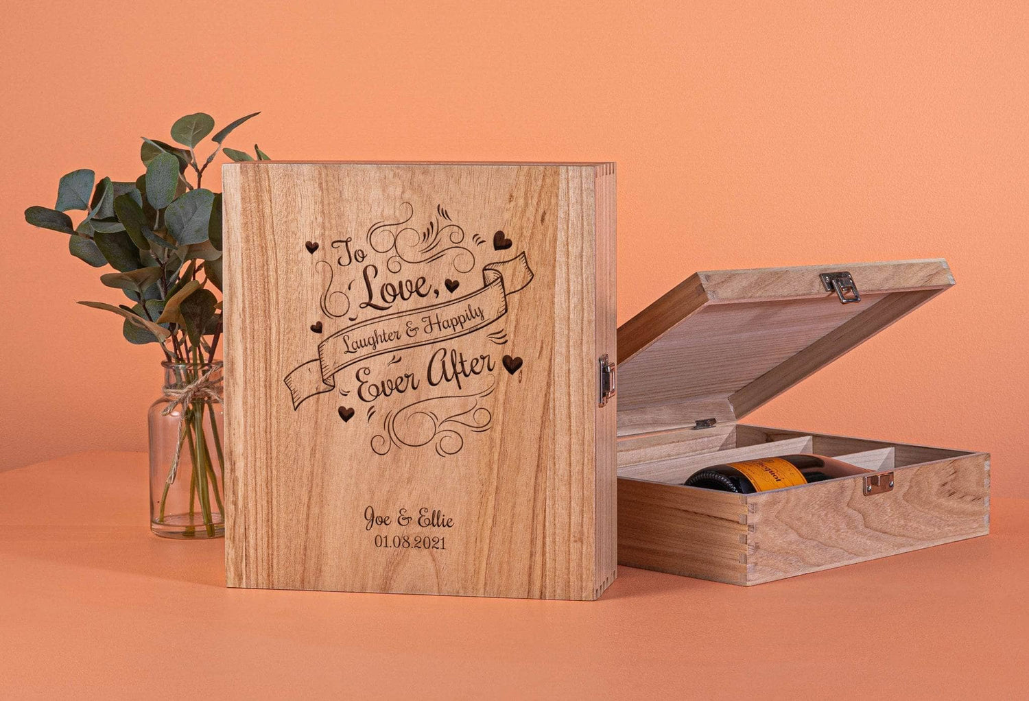 Peach Hampers Personal Hampers Three Bottle Engraved Love & Laughter Wine Box