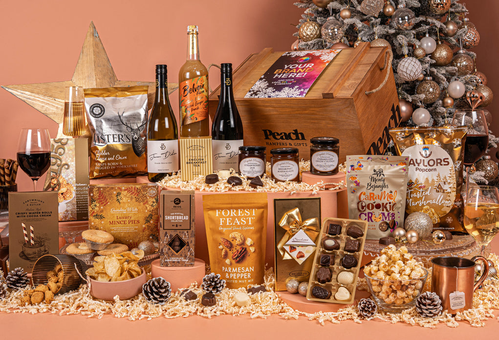 The Branded Golden Crate Christmas Hamper with Wine Duo &amp; Peach Bellini