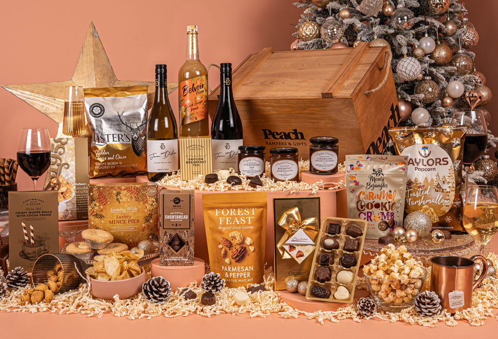 The Golden Crate Christmas Hamper with Wine Duo & Peach Bellini