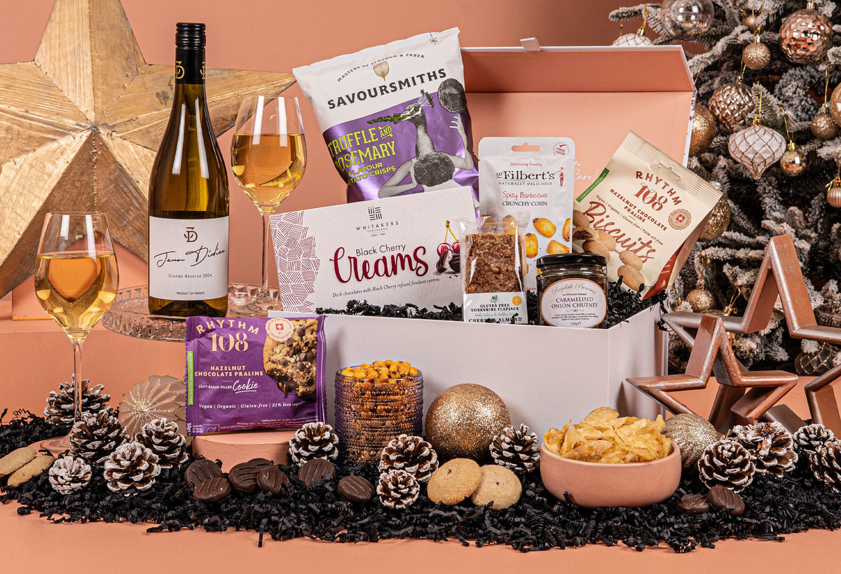 Le Noel Noir Hamper with Bespoke Branding - Award-Winning White Wine - Vegan &amp; Gluten Free