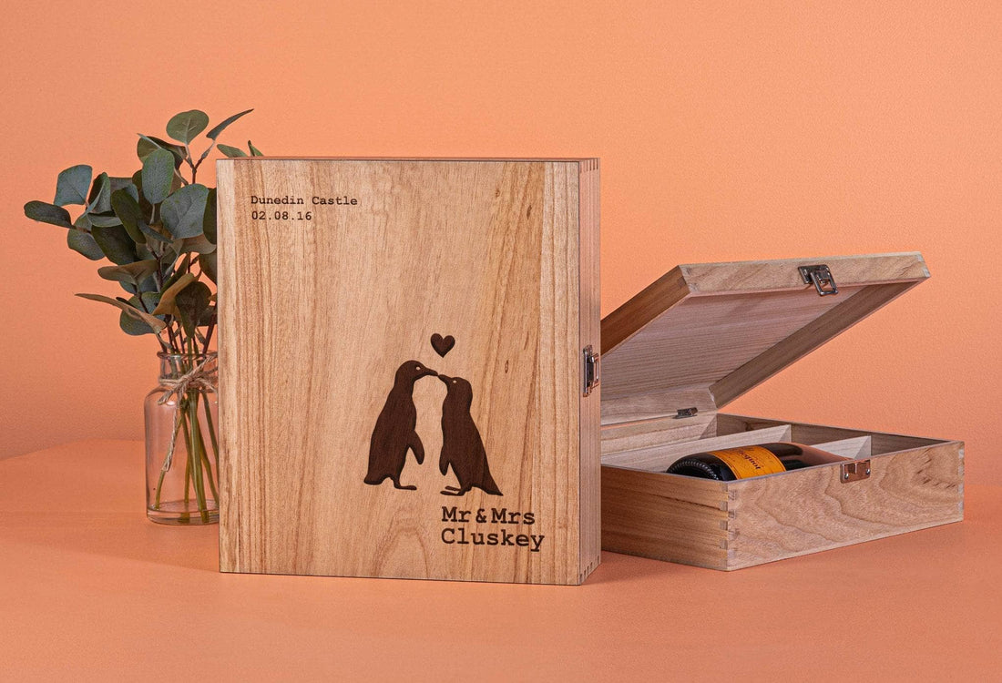 Peach Hampers Personal Hampers Three Bottle Engraved Penguin Wedding Wine Box